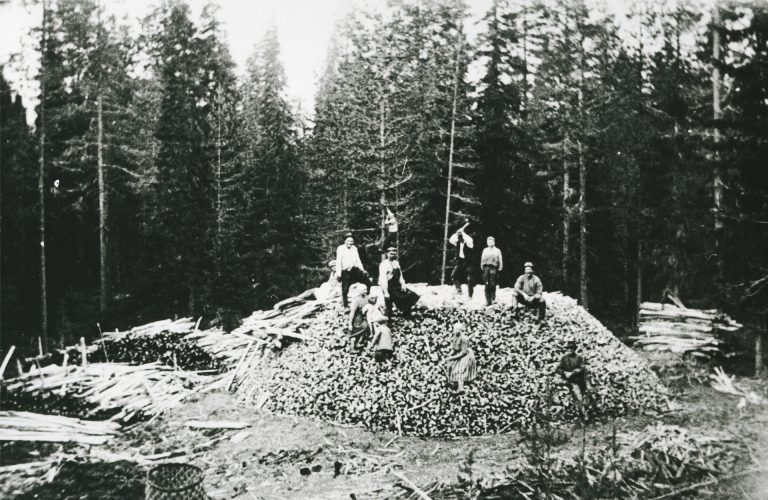 Henkilöitä poseeraamassa lähes valmiin tervahaudan päällä.