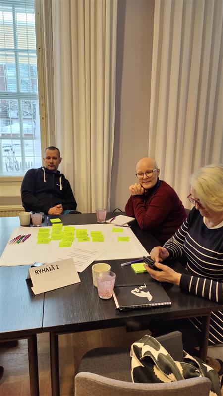 Kolme ihmistä istuu ison pöydän ääressä. Pöydällä iso valkoinen paperi, johon on liimattu vihreitä, tekstiä sisältäviä post it -lappuja.