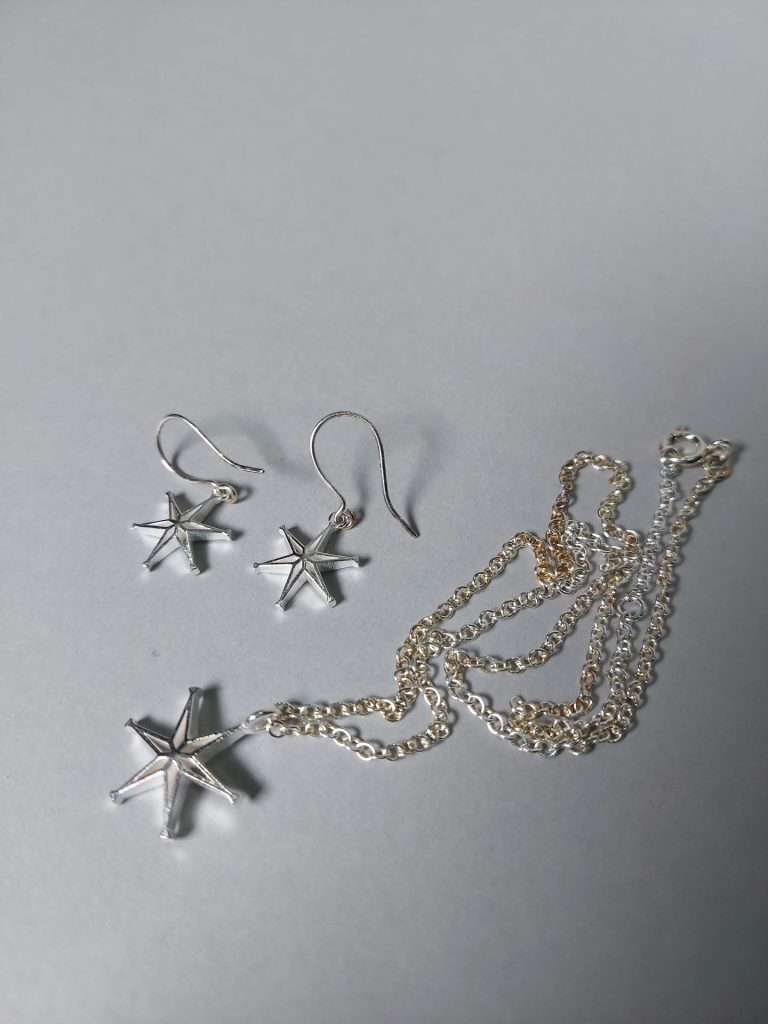 Tiernatähti -korut. Hopeinen riipus ketjussa sekä hopeiset roikkuvat korvakorut.