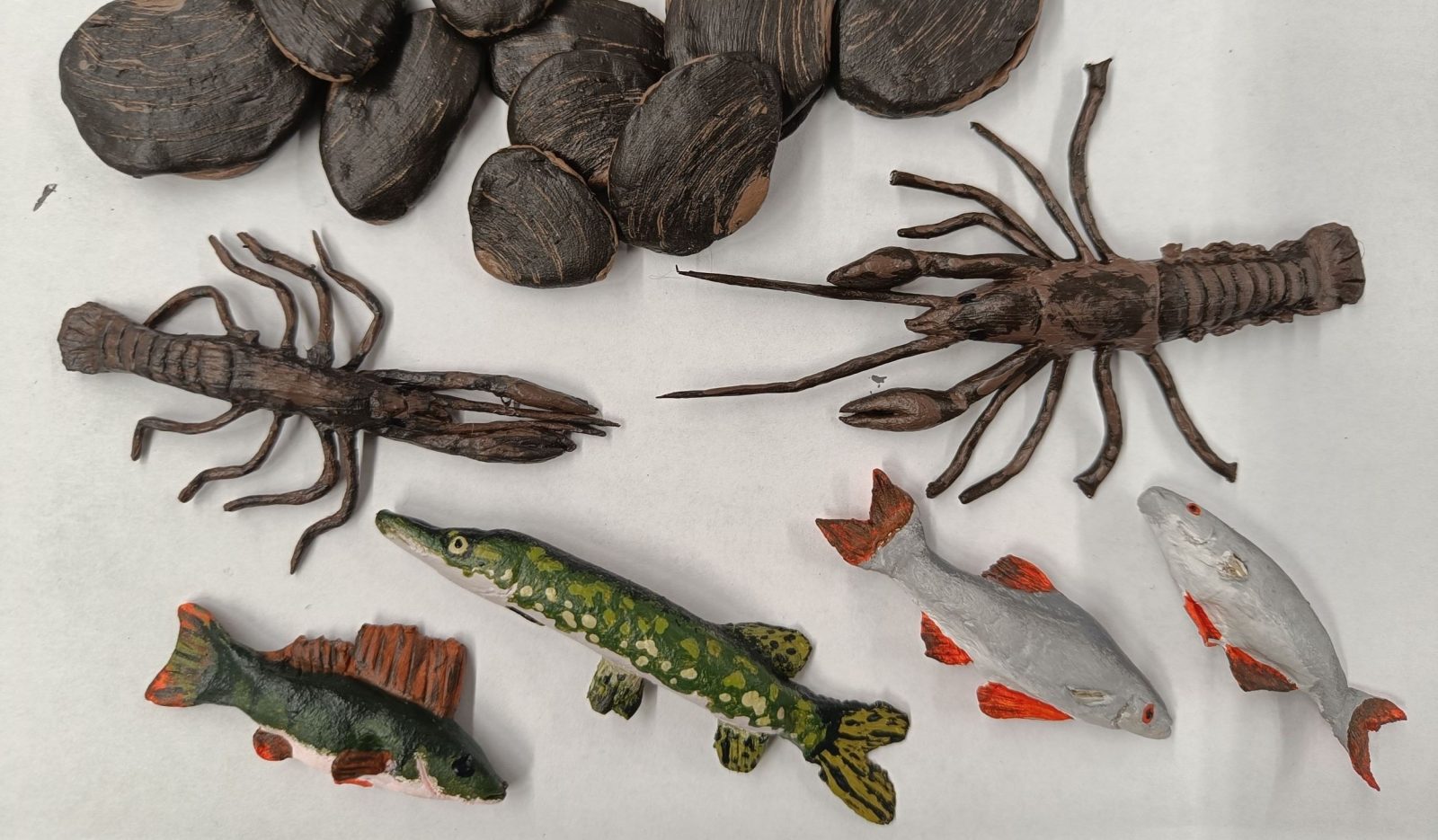 Kirjoittajan DAS-muotoilumassasta tekemiä kaloja, jokirapuja sekä raakkuja. Maalattu akryylimaaleilla samanlaisiksi kuin luonnossa.