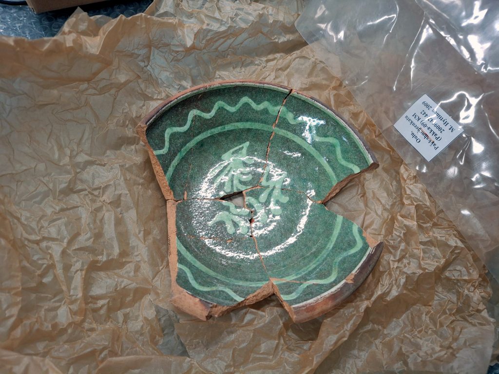 Palasia savilautasesta, joka on maalattu vihreän sävyiseksi.