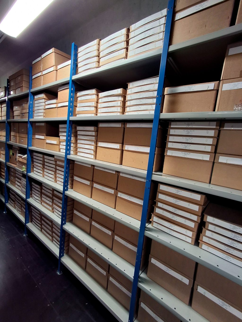 Ruskeita pahvilaatikoita hyllyssä. Jokaisessa laatikossa valkoinen "nimilappu".