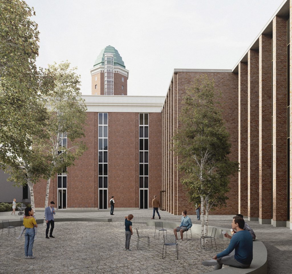 Luonnoskuva Tiiman rakennuskokonaisuuden sisäpihalta, jossa näkyy suuria tiilirakennuksia, pihaa sekä seisovia ja istuvia ihmisiä