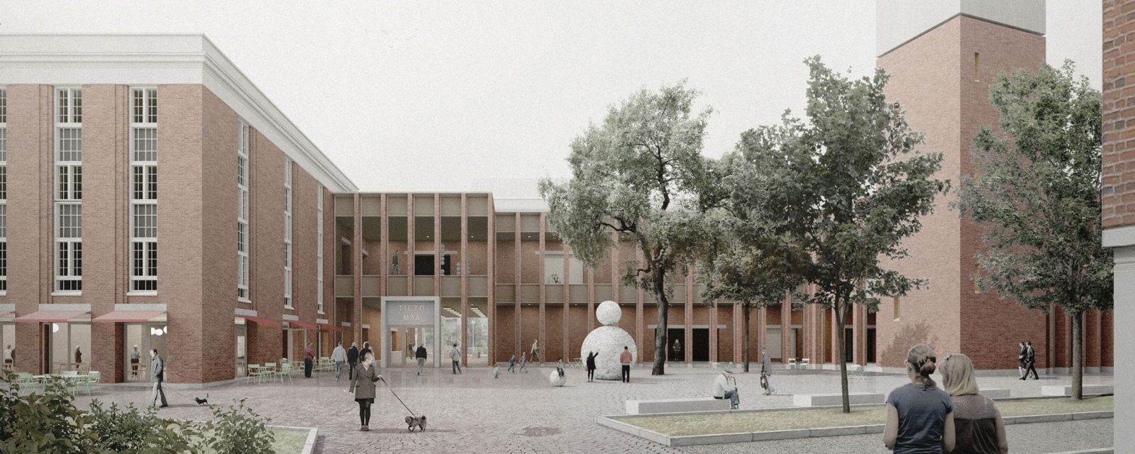 Luonnoskuva Tiiman rakennuskokonaisuudesta, jossa näkyy suuria tiilirakennuksia, pihaa sekä siellä käveleviä ihmisiä