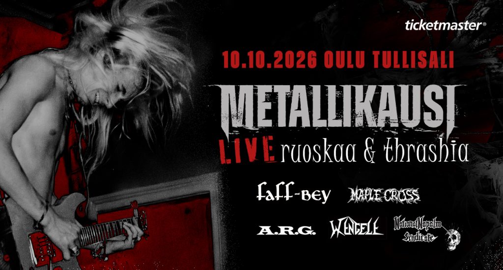 Marketing image for the Metallikausi live event, featuring event details and band logos.