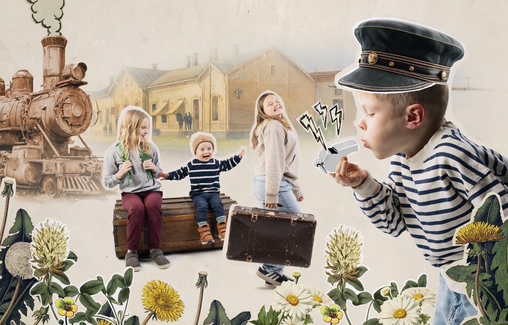 Leikekirjamainen kuva, jossa lapsia leikkien matkustajia ratapihalla.