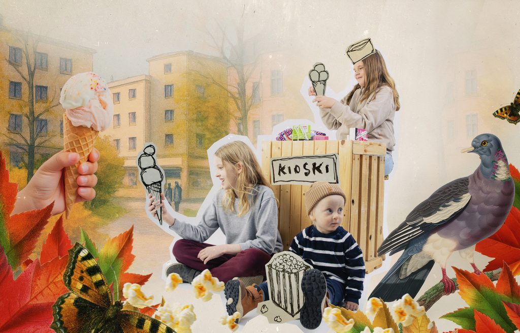 Leikekirjamainen kuva, jossa lapset leikkivät kioskilla.