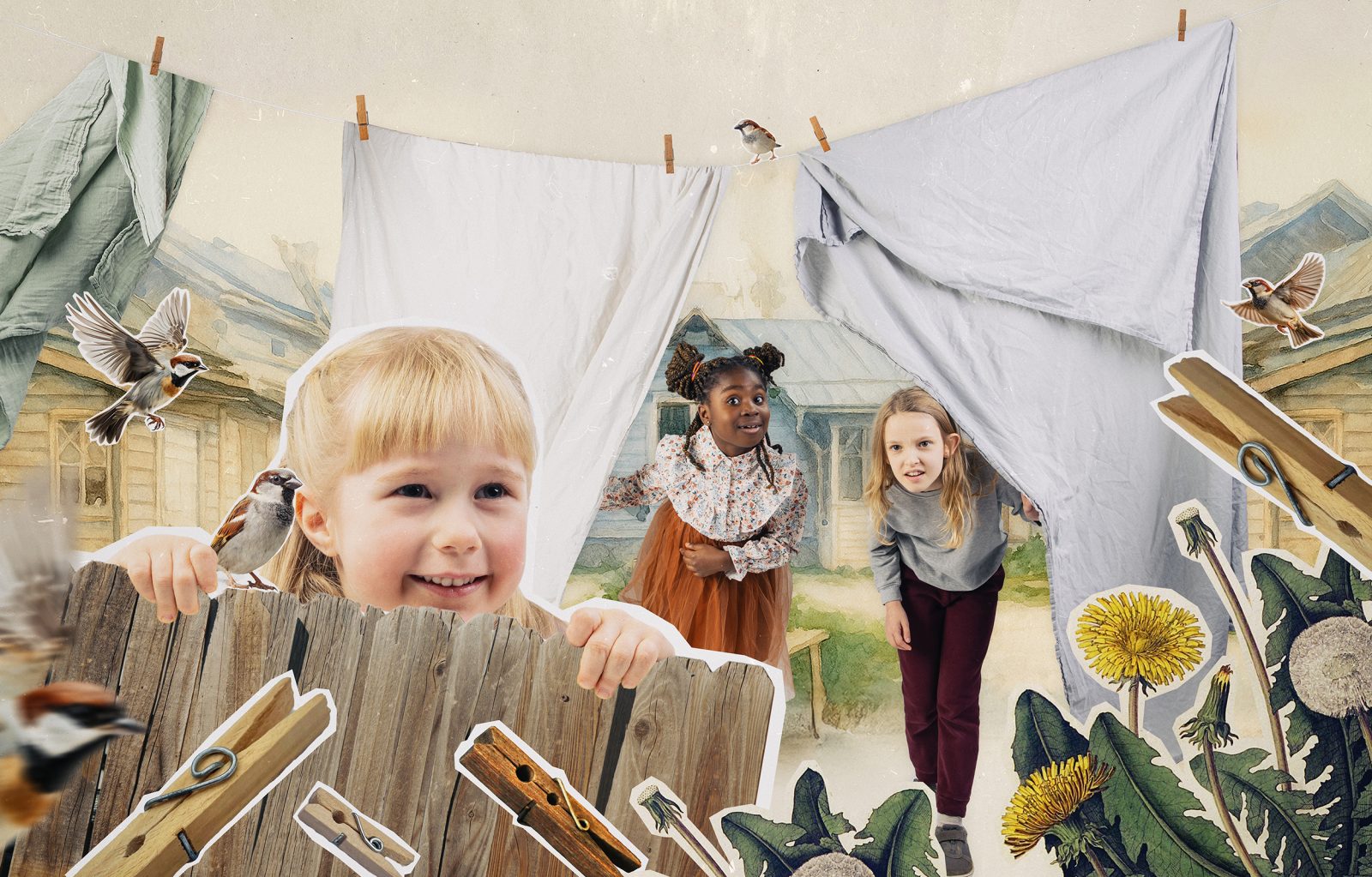 Leikekirjamainen kuva, jossa lapset kurkistavat narulla roikkuvien lakanoiden raosta ja aidan takaa.